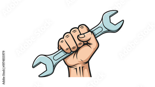 Strong hand firmly grips a metal wrench in an illustration that represents manual labor, repair, and mechanical work.