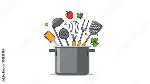 Assorted kitchen utensils including a whisk, spatula, and ladle peek out of a grey cooking pot in a playful design.