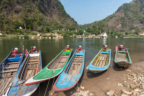 Landscape of Moei river and boat in Tak Province between Thailand and Myanmar border, Boats on the river.