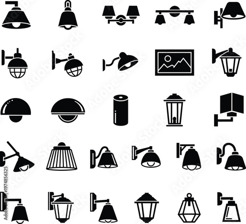 Set of wall lamp and exterior lighting icons for home interior design with lamp shade, lamp post