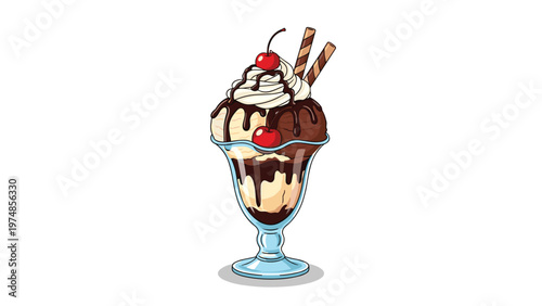 Elegant chocolate and vanilla ice cream sundae in a tall glass is topped with whipped cream, syrup, and cherries.