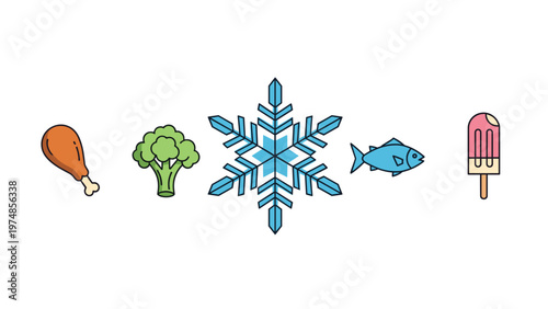 Frozen food icons including chicken, broccoli, fish, and an ice pop are arranged around a large central snowflake.