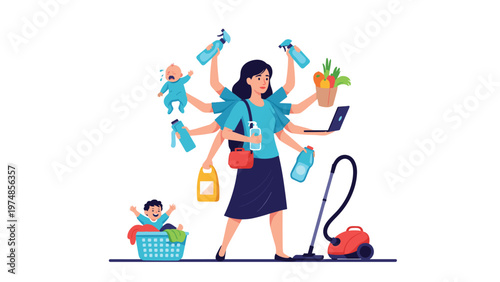 Stressed but capable mother with multiple arms manages childcare, cleaning, groceries, and work all at the same time.