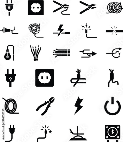 Set of electrical wiring and components icons with electrical electricity connection lightning