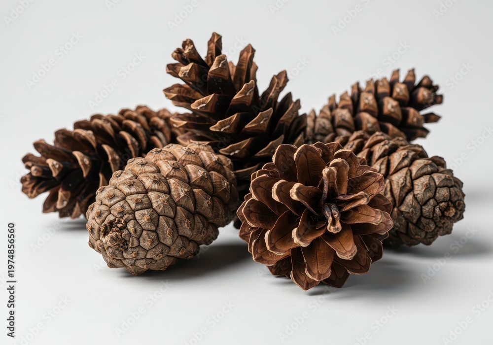 Fototapeta premium Detailed studio shot of several dry brown pine cones resting on a clean white background, showcasing natural texture and geometric patterns, environment, natural, studio