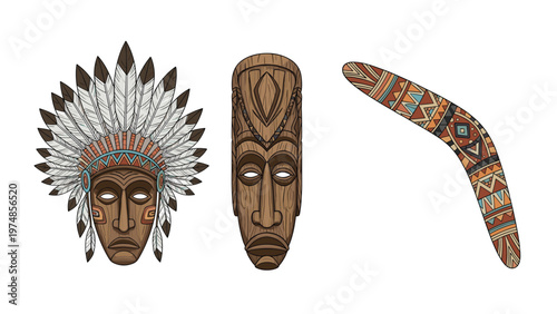 Indigenous cultural artifacts including a feathered headdress, a carved wooden mask, and a decorated boomerang arranged on a white background.