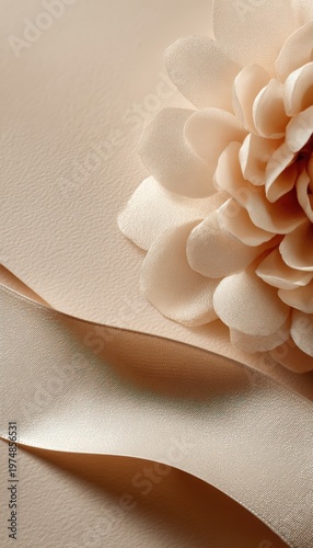 Elegant layered paper textures with satin ribbon and flower petal on soft beige background