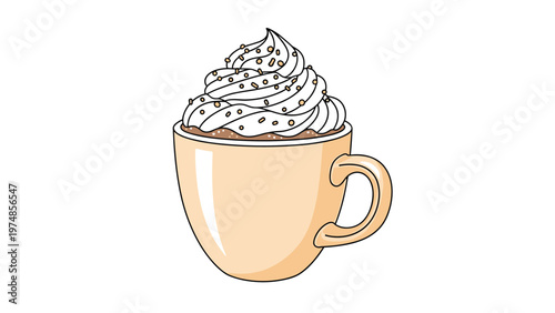 Creamy cup of coffee topped with a mountain of whipped cream and chocolate sprinkles presented in a warm peach colored mug on white.
