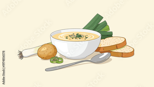 Warm bowl of potato leek soup served with slices of crusty bread and a spoon with fresh ingredients like leeks and potatoes nearby.
