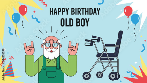 Happy elderly man celebrating his birthday with rock and roll hand signs standing next to his mobility walker in a festive setting.