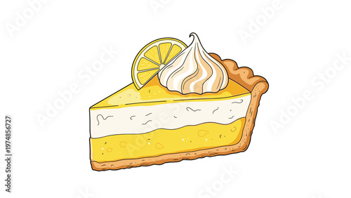 Slice of tangy lemon meringue pie with a thick layer of toasted meringue topping and a slice of lemon as a garnish on white.