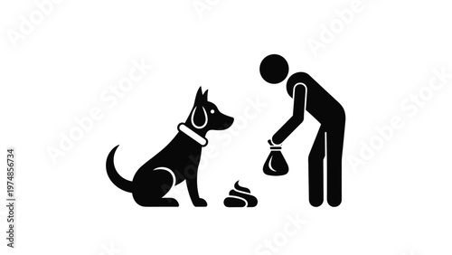 Black and white pictogram showing a responsible dog owner picking up their pets waste into a bag for clean public spaces.