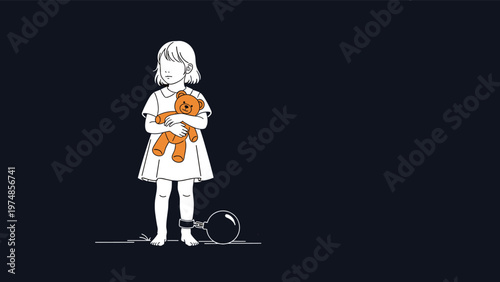 Sad young girl holding a teddy bear with a heavy metal ball and chain attached to her leg against a dark background for social issues.