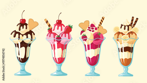 Collection of four different ice cream sundaes in glasses with various toppings like chocolate, strawberry, raspberries, and banana.