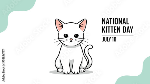 Adorable white kitten sitting and looking forward with large dark eyes for National Kitten Day celebration on a clean white background.