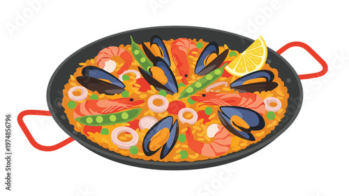 Traditional spanish paella dish in a large pan filled with yellow saffron rice, mussels, shrimp, peas, and a slice of lemon.