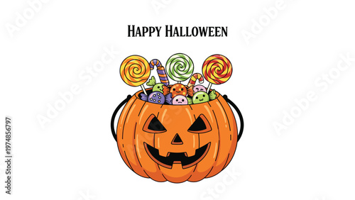 Classic jack o lantern pumpkin bucket overflowing with colorful lollipops and candies for a Happy Halloween celebration on white.