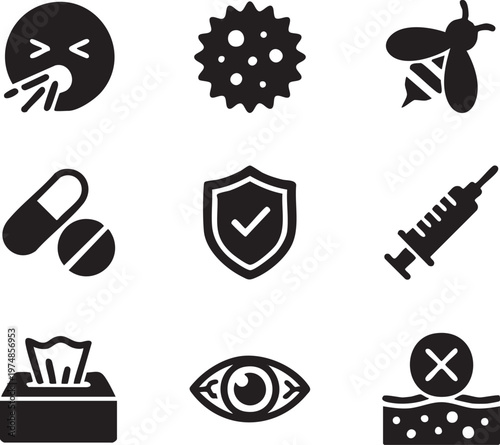 Essential health and allergy vector icons illustrating symptoms, causes, prevention, and treatment solutions