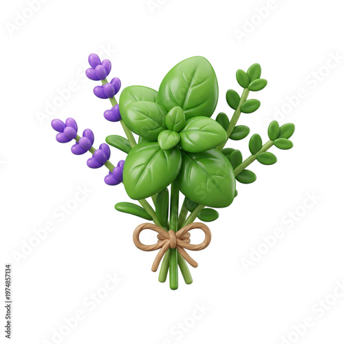 Fresh Herbs Bouquet with Purple Flowers.