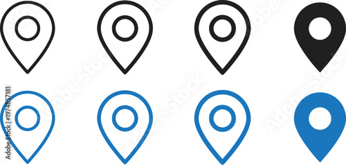 Location pin icon set four variations in outline and filled styles