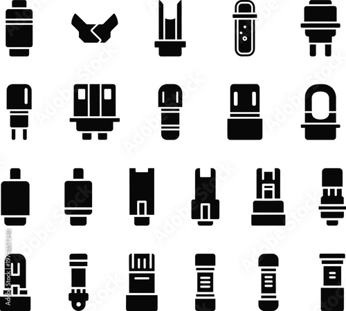 Electronic plug and connector icon set for electrical devices with connector electronic electrical