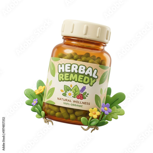 Herbal Remedy Bottle with Green Pills Inside.
