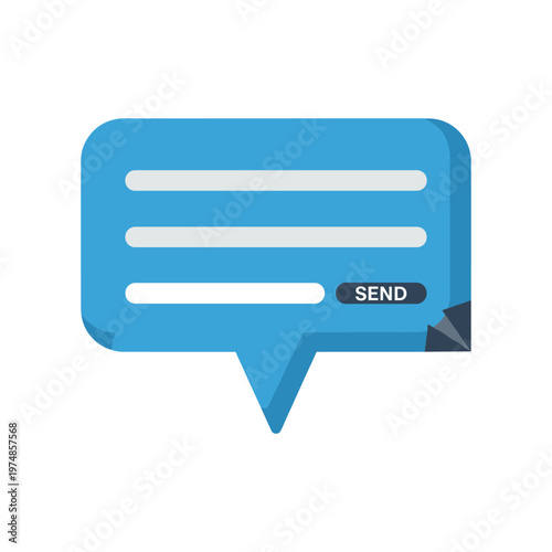 Blue speech bubble with three white lines representing text message and a send button on a dark blue paper airplane symbol, depicting digital communication and sending messages via chat applications.