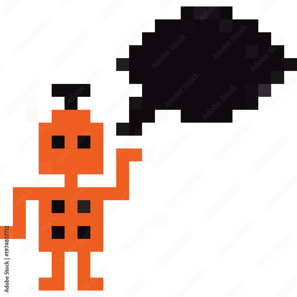 Fototapeta premium Pixel art robot icon made of orange puzzle pieces with speech balloon in a vector game style design
