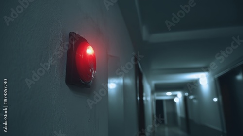 Red Alert Light Illuminating Dark Corridor in Apartment Building Showing Emergency Signal and Dimly Lit Hallway with Closed Doors and Mysterious Atmosphere