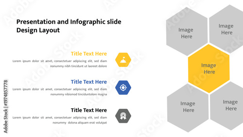 Hexagonal infographic layout with text fields and image placeholders for presentation slides