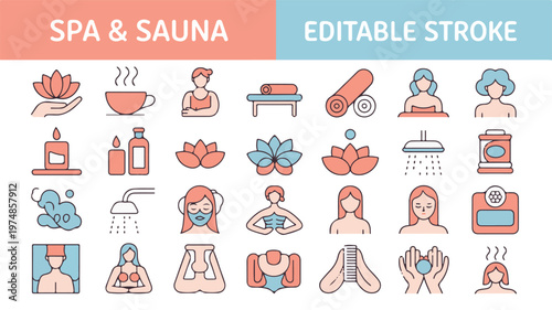 Spa & Sauna Icons: A collection of meticulously designed spa and sauna icons, crafted with attention to detail and a modern aesthetic, perfect for various design projects.