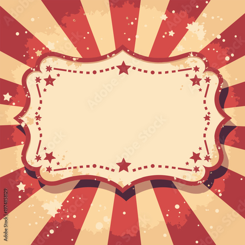 vintage circus ticket banner Scalloped edges intricate inner borders star motifs Faded red cream color palette Nostalgic fairground aesthetic No text
