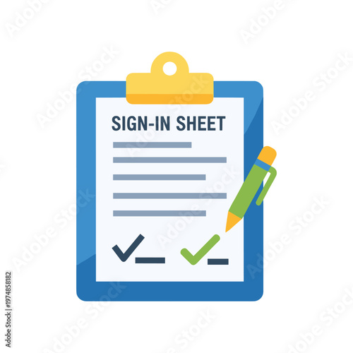 Sign in sheet clipboard flat vector illustration with pen and signature checkmarks for event registration visitor logging attendee tracking guest list management and office reception protocols.