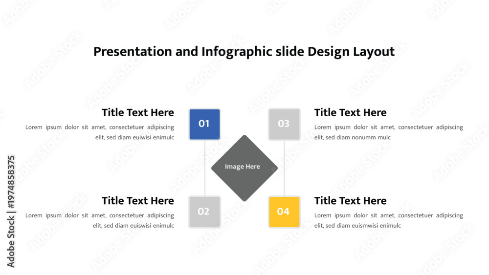 Fototapeta premium Infographic slide design with a central diamond image area and four connected numbered information boxes