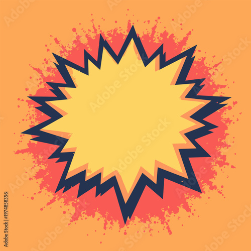 explosive comic book POW action badge jagged, dynamic starburst shape vibrant yellow, outlined thick, heavy black ink secondary offset background halftone dots Blank center