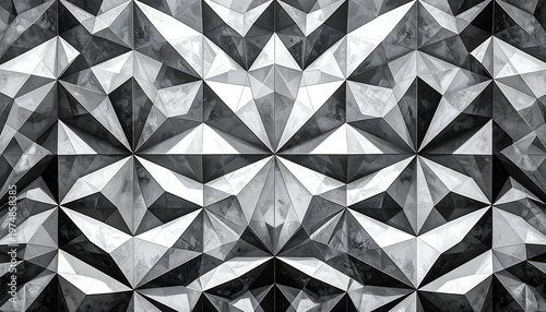 A symmetrical, abstract design features a repeating pattern of faceted shapes, creating a sense of depth and dimension