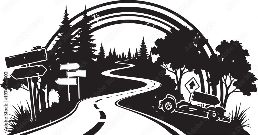 Obraz premium Winding Road Through Forest with Car and Signs