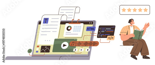 Digital marketing, content creation, web development, online learning, UI design, customer satisfaction. Laptop with multimedia elements and a person reading. Content creation and web development