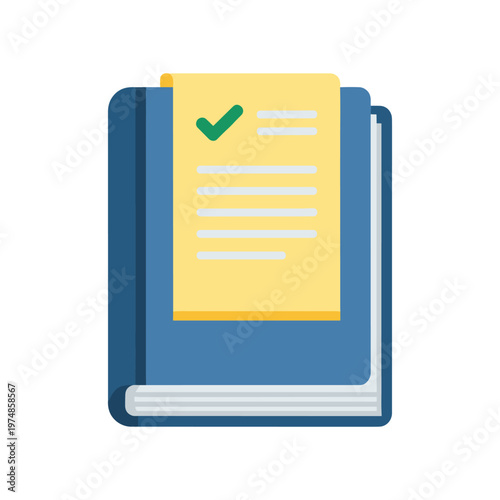 Closed book with green check mark on yellow paper list icon, flat design vector graphic on white background educational reading learning knowledge library information concept.