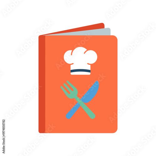 Restaurant menu book with chef hat and crossed fork and knife symbols on orange cover background vector illustration for catering service cafe dining fine food and drink culinary recipe handbook.
