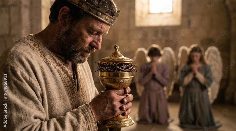 Fototapeta premium Jesus Christ with a crown of thorns and gold chalice. Man in crown praying in a stone room with angels. Religious concept for Easter. Biblical scene of sacrifice and divine worship.
