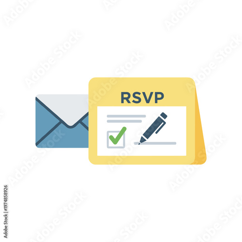 RSVP card with checkmark and pen next to envelope, invitation response, event planning, communication, decision, confirmation, approval.