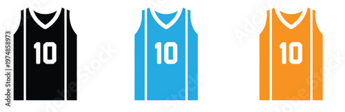 Three colored basketball jerseys with number 10 on white background