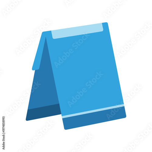 Blue table tent or display stand, folded in half, with two panels, creating an angled surface, simple 3D object, clean design.
