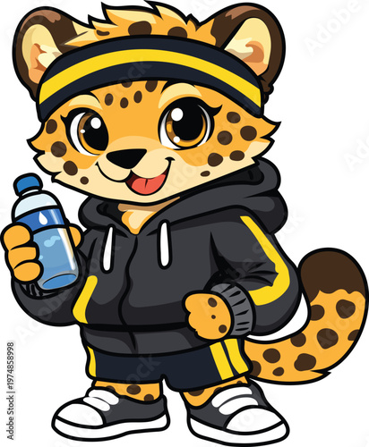 runner cheetah character cartoon wearing sportswear and grab a bottle