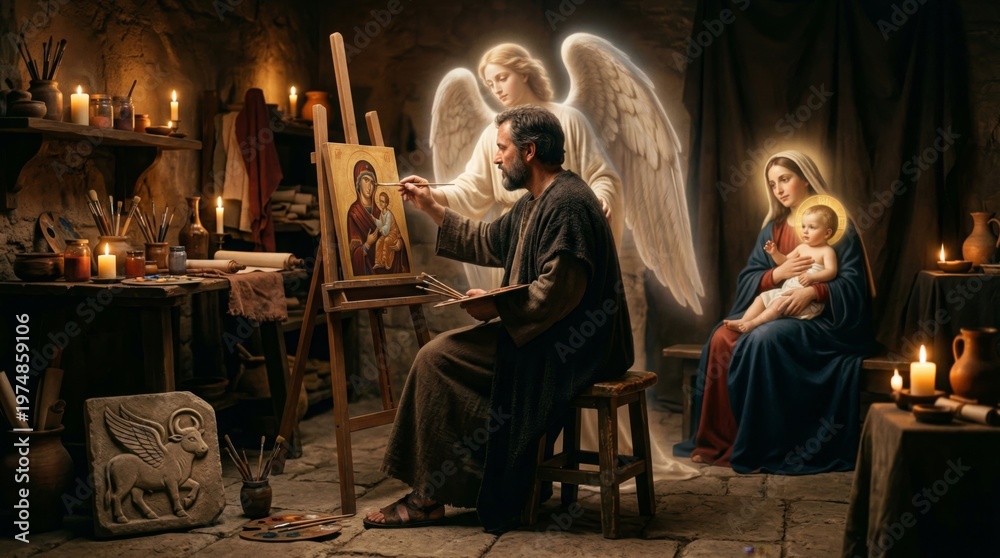 Naklejka premium Iconographer painting portrait of Mary and infant Jesus under guidance of angel. Religious art creation in studio. Spiritual inspiration, biblical scene, catholic faith tradition.