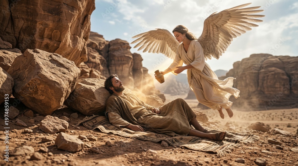 Fototapeta premium Angel woman comforting Jesus in Judean desert. Divine light shining from celestial being over resting man. Biblical scene illustrating faith, spiritual healing, hope and christian grace.