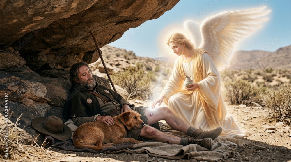 Fototapeta premium Angel healing wounded man resting with dog in desert. Holy messenger performing miracle for injured traveler. Religious biblical scene of divine intervention, faith and comfort.