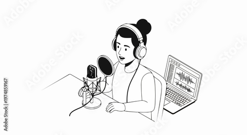 Vector Line Art Illustration of a Young Woman Podcasting in a Studio with Microphone, Headphones, and Laptop for Content Creation and Digital Broadcasting