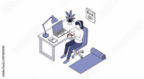 Isometric illustration of a woman freelancer working on a laptop at a home office desk with a yoga mat for wellness and balance
